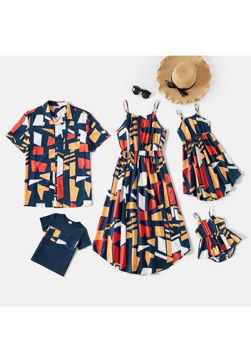 Family Matching All Over Geometric Print Spaghetti Strap Dresses and Short-sleeve Tops Sets