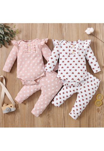 2pcs Cotton All Over Love Heart Print Baby Long-sleeve Ribbed Romper and Pants Set