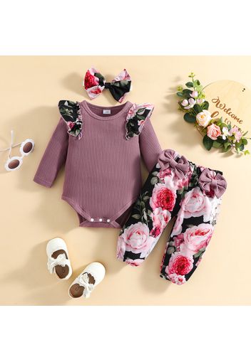 100% Cotton 3pcs Baby Girl Ribbed Long-sleeve Ruffle Romper and Bowknot Floral Print Trousers with Headband Set