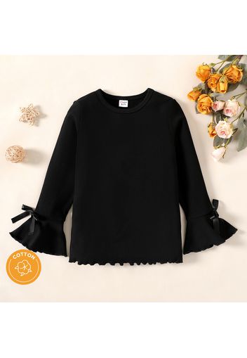 Kid Girl 100% Cotton Solid Color Bowknot Design Lettuce Trim Long Bell sleeves Tee