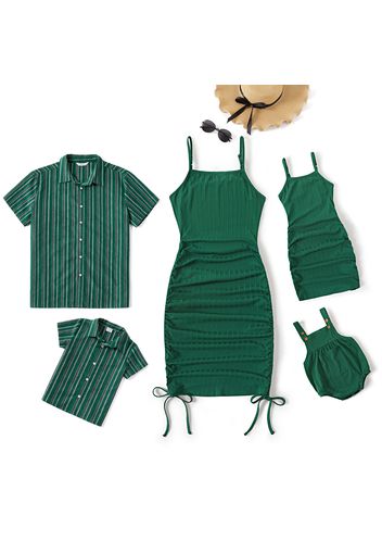 Family Matching Green Ribbed Drawstring Ruched Bodycon Cami Dresses and Striped Short-sleeve Shirts Sets