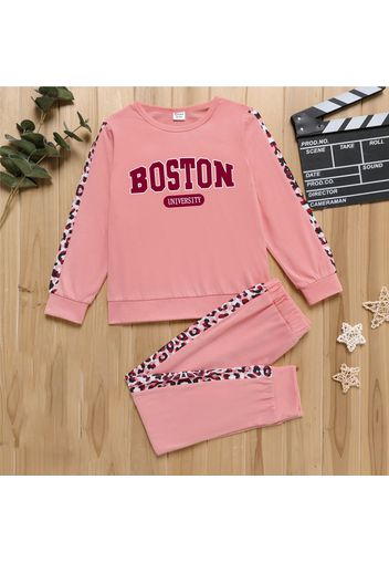 2pcs Kid Girl Letter Leopard Print Long-sleeve Pink Cotton Tee and Pants Set