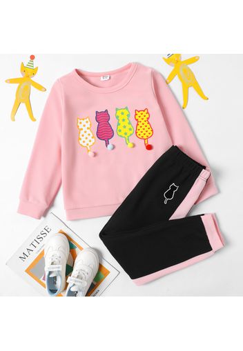 2-piece Kid Girl Animal Cat Print Pompom Design Pink Sweatshirt and Colorblock Pants Set