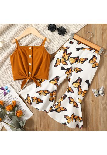 2-piece Toddler Girl Button Design Tie Knot Camisole Tank and Butterfly Print Flared Pants Set