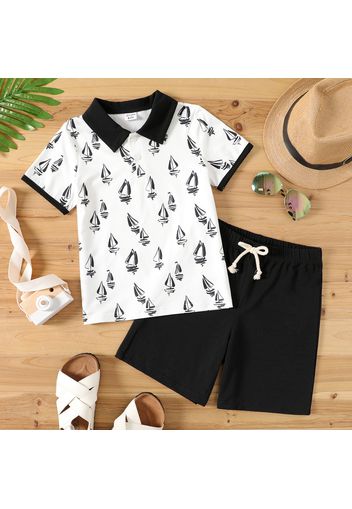 2pcs Kid Boy Boat Print Colorblock Short-sleeve Polo Shirt and Black Shorts Set