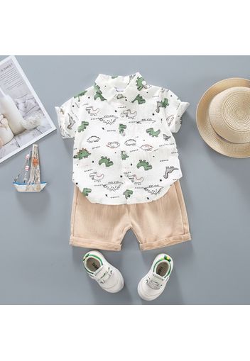 2pcs Toddler Boy Playful Dinosaur Print Shirt and Shorts Set