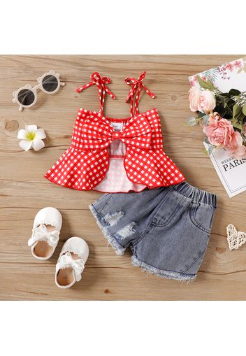 2pcs Baby Girl Plaid Bow Front Hollow Out Cami Top and Ripped Denim Shorts Set