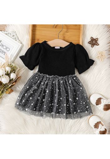 Baby Girl Short-sleeve Knitted Splice Glitter Stars Mesh Dress