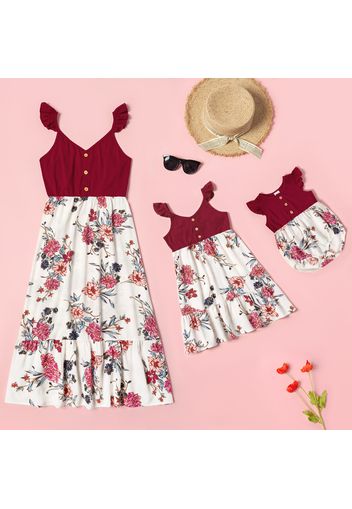 Floral Print Flutter-sleeve Matching Red Midi Sling Dresses