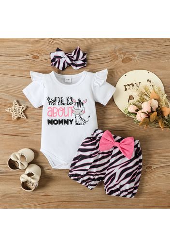 3pcs Baby Girl 95% Cotton Ruffle Short-sleeve Cartoon Giraffe Letter Print Romper and Bowknot Shorts with Headband Set