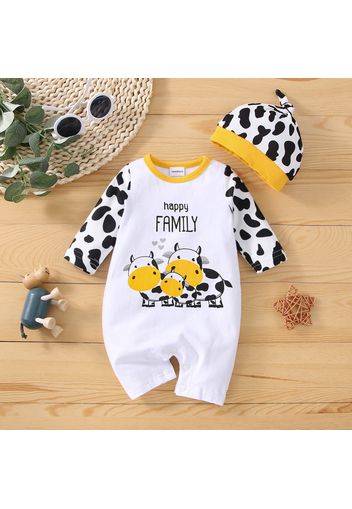 2pcs Baby Girl Letter and Cartoon Cow Print Long-sleeve Jumpsuit with Hat Set