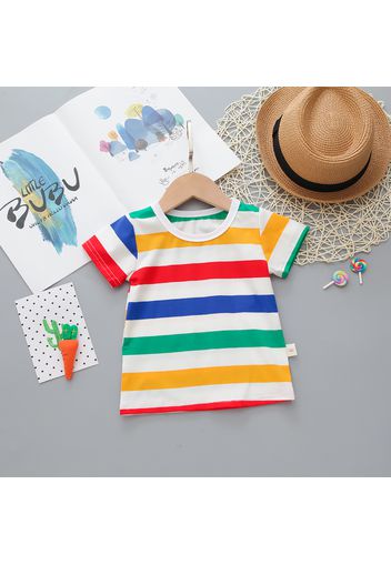 2pcs Baby Boy 95% Cotton Short-sleeve Striped Tee and Rainbow Overalls Shorts Set