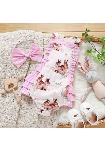 Easter 2pcs Baby Girl Allover Rabbit Print Sleeveless Ruffle Romper with Headband Set