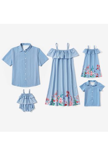 Blue and White Stripe Series Family Matching Sets(Floral Splice Print Off Shoulder Dresses for Mom and Girl  - Short Sleeve Shirts for Men and Boy)