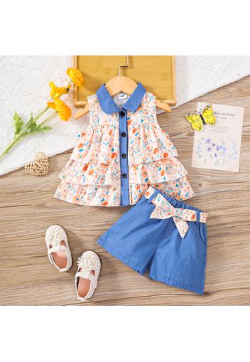 2pcs Baby Girl 100% Cotton Belted Shorts and Contrast Collar Floral Print Layered Ruffle Tank Top Set