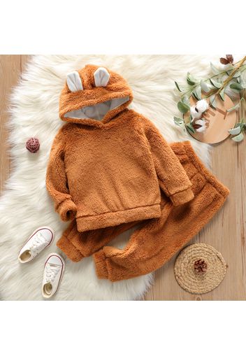 2-piece Toddler Girl/Boy Ear Design Solid Color Fuzzy Hoodie Sweatshirt and Pants Set