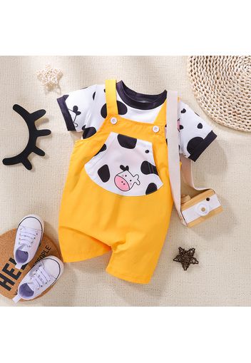 2pcs Baby Boy/Girl Cartoon Cow Print Short-sleeve Top and Overalls Shorts Set