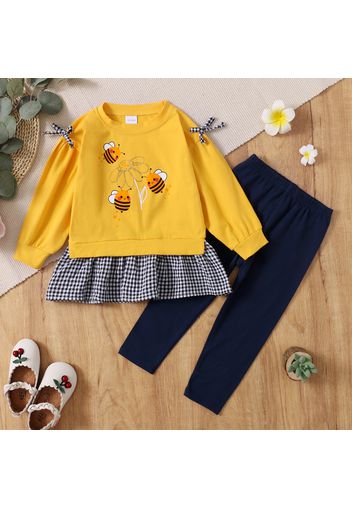 2-piece Toddler Girl Bee Embroidered Splice Plaid Hem Sweatshirt and Dark Blue Pants Set