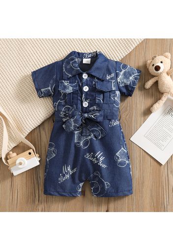 Baby Boy/Girl Denim Short-sleeve All Over Bear and Letter Print Button Up Belted Romper