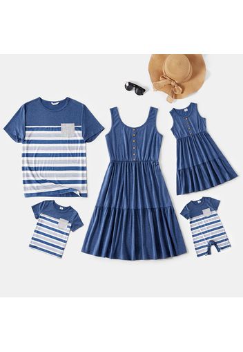 Family Matching Button Front Blue Tank Dresses and Striped Short-sleeve T-shirts Sets