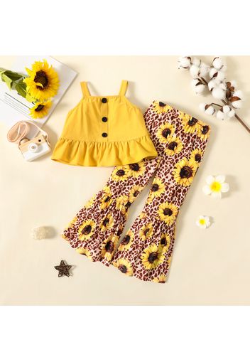 2pcs Toddler Girl Button Design Ginger Camisole and Floral Print Leopard Print Pants Set