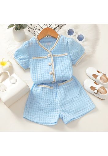 2pcs Toddler Girl Tweed Textured Button Design Short-sleeve Blue Top and Elasticized Shorts Set