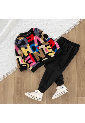 2-piece Toddler Girl/Boy Letter Print Colorblock Pullover and Elasticized Pocket Black Pants Set