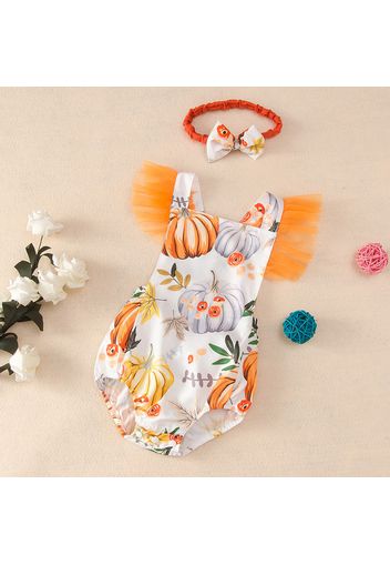 2pcs Pumpkin Print Halloween Style Flutter-sleeve Baby Romper