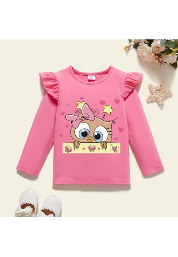 Toddler Girl Graphic Owl and Heart-shaped Print Ruffled Long-sleeve Tee