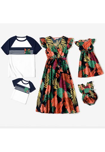 Family Matching Allover Tropical Print V Neck Flutter-sleeve Dresses and Colorblock Raglan-sleeve T-shirts Sets