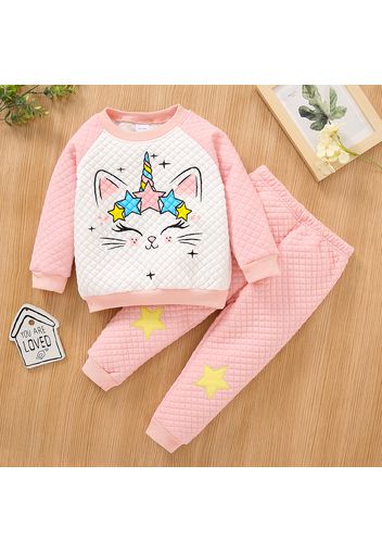 2-piece Toddler Girl Unicorn Print Textured Colorblock Sweatshirt and Stars Embroidered Pants Set