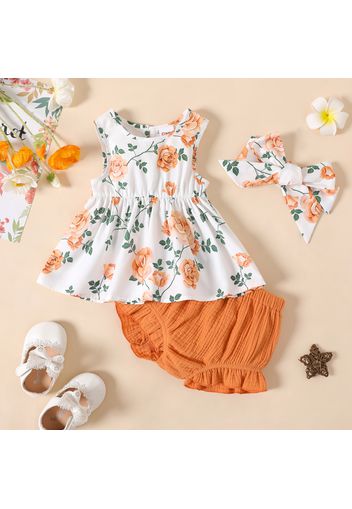 3pcs Baby Girl 100% Cotton Crepe Fill Trim Shorts and Allover Floral Print Tank Dress with Headband Set