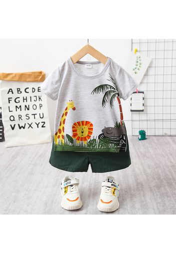 2pcs Toddler Boy Playful Animal Tree Print Tee & Shorts Set