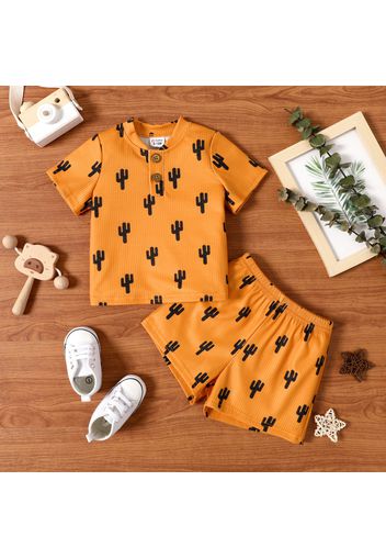 2pcs Baby Boy All Over Cactus Print Ribbed Short-sleeve Button Up Top and Shorts Set