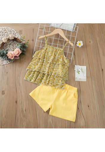 2pcs Toddler Girl Floral Print Layered Camisole and Elasticized Solid Color Shorts Set