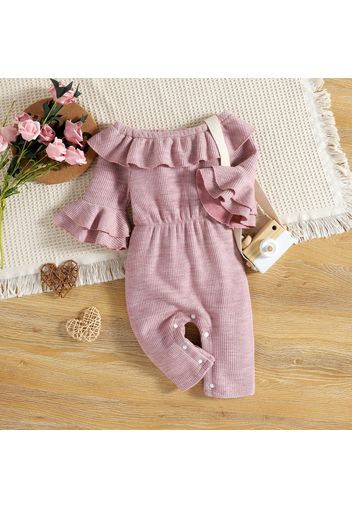 Baby Girl Pink Knitted Off Shoulder Ruffle Long-sleeve Jumpsuit