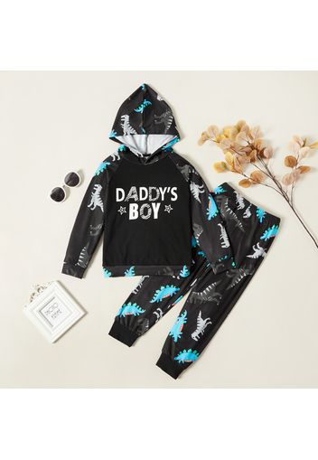 2-piece Kid Boy Dinosaur Letter Allover Print Hooded Sweatshirt and Pants Set