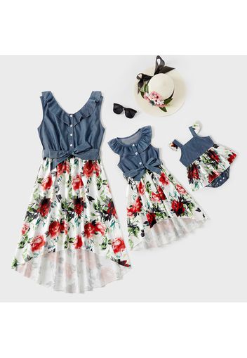 Denim Ruffle Design Stitching Floral Print Irregular Hem Sleeveless Tank Dresses for Mommy and Me