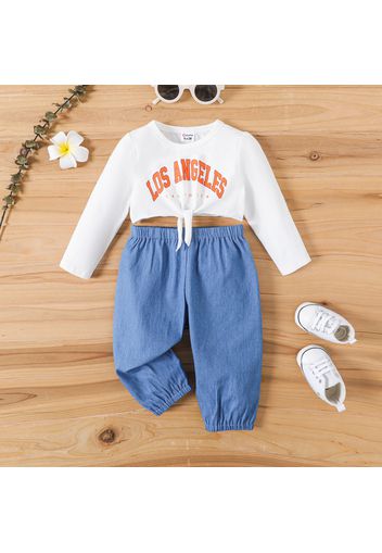 2pcs Baby Girl 95% Cotton Long-sleeve Letter Print Knot Front Crop Top and Solid Pants Set