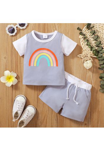 2pcs Baby Girl Rainbow Print Ribbed Short-sleeve Top and Shorts Set