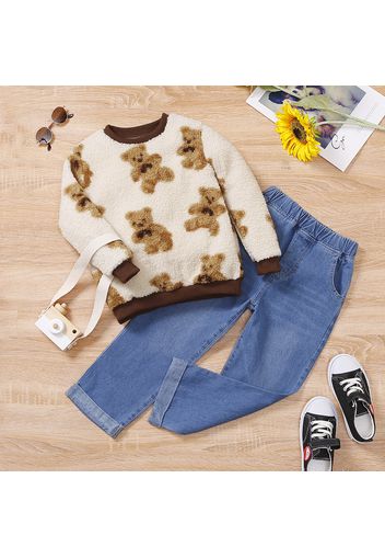 2-piece Kid Girl Animal Bear Pattern Fuzzy Pullover Sweatshirt and Denim Jeans Set