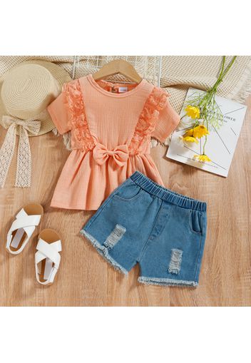 2pcs Toddler Girl Ruffled Lace Bowknot Design Peplum Ginger Top and Ripped Denim Shorts Set