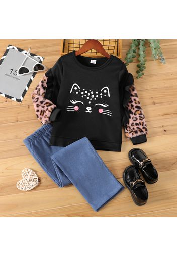 2-piece Kid Girl Cat Leopard Print Ruffled Fuzzy Sweatshirt and Denim Jeans Set