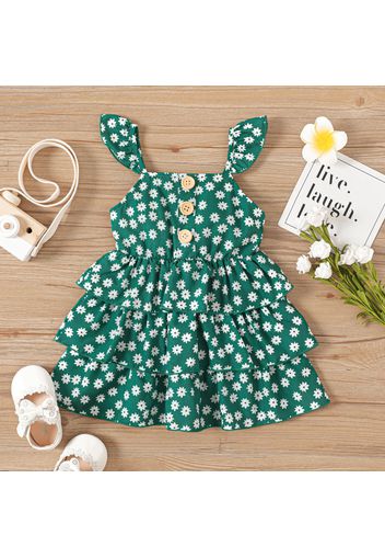 Baby Girl Button Front Floral Print Spaghetti Strap Ruffle Layered Dress