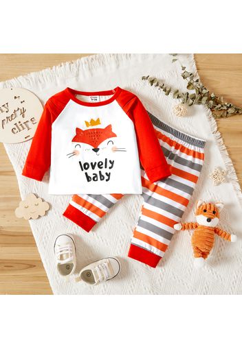 2pcs Baby Boy/Girl Cartoon Fox and Letter Print Raglan Long-sleeve T-shirt and Striped Trousers Set