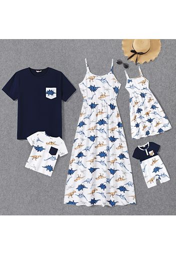 Family Matching All Over Dinosaur Print Spaghetti Strap Midi Dresses and Short-sleeve T-shirts Sets