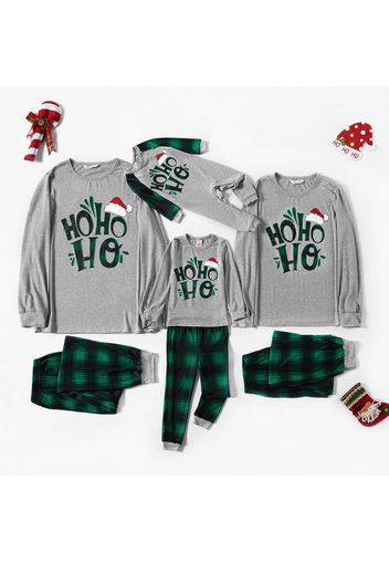 Christmas Hat and Letter Print Grey Family Matching Long-sleeve Plaid Pajamas Sets