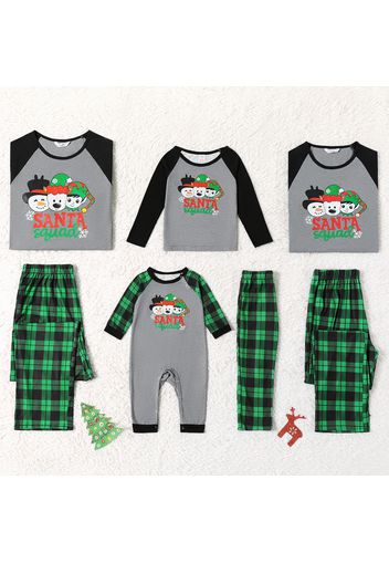 Christmas Cartoon Letter Print Family Matching Long-sleeve Green Plaid Pajamas Sets (Flame Resistant)