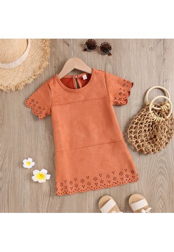 Toddler Girl Hollow out Short-sleeve Orange Suede Dress