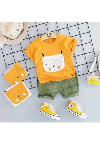 2pcs Toddler Boy Playful Animal Print Pocket Design Tee and Cargo Shorts Set